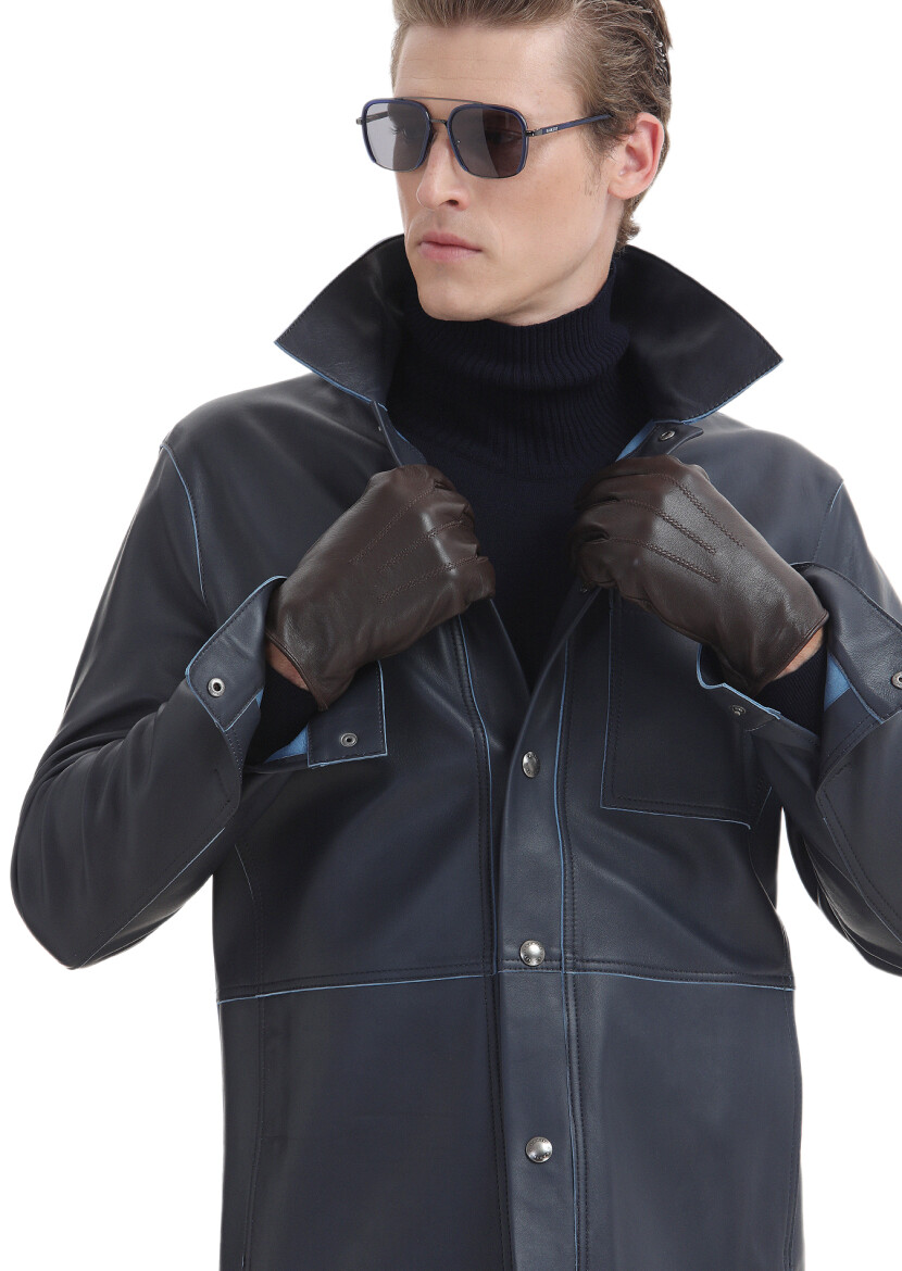 Navy Blue Regular Fit Shirt Collar Casual Suede Leather Coat - 4