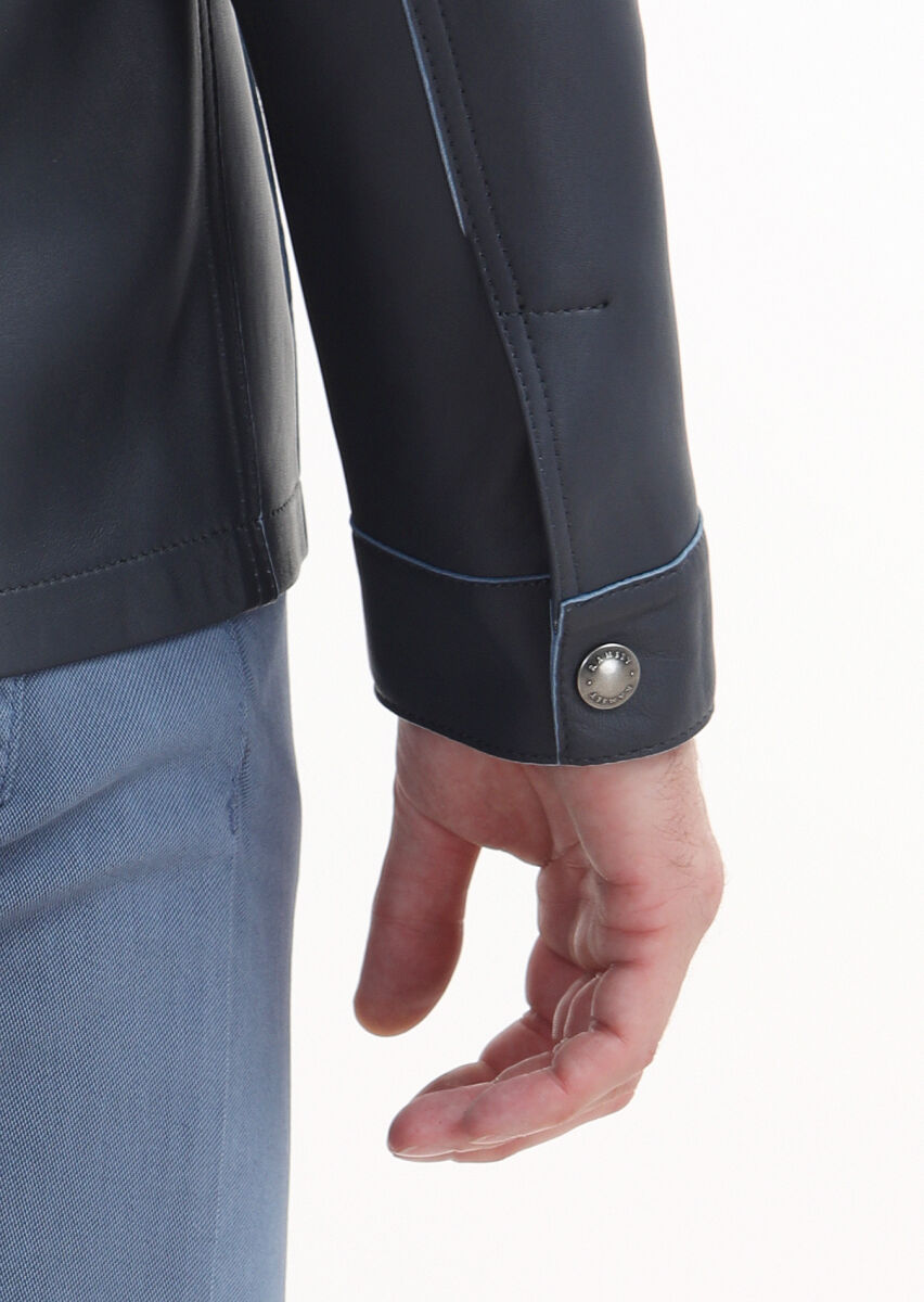 Navy Blue Regular Fit Shirt Collar Casual Suede Leather Coat - 5