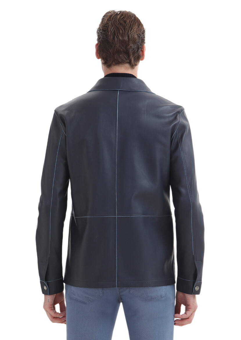 Navy Blue Regular Fit Shirt Collar Casual Suede Leather Coat - 6