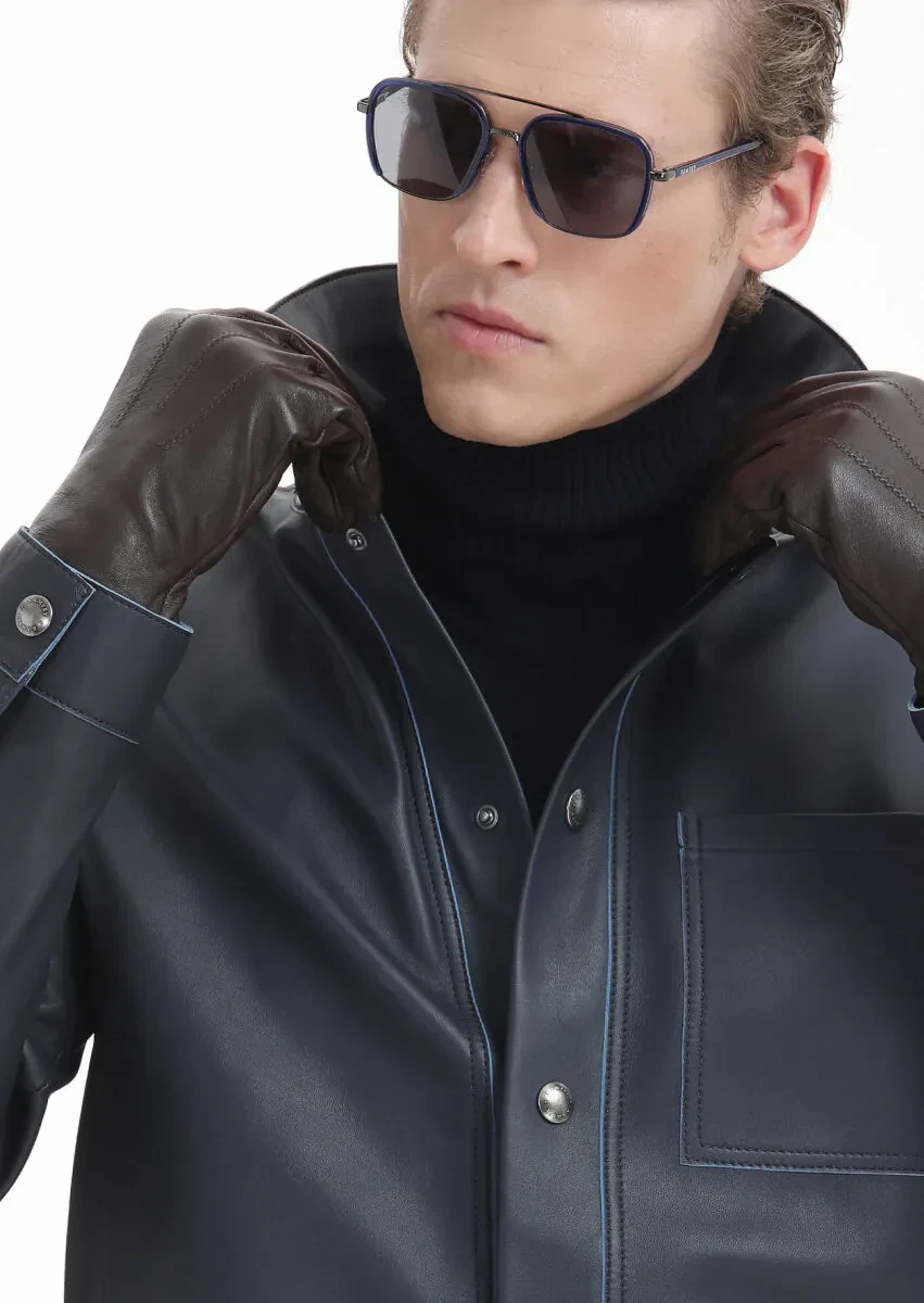 Navy Blue Regular Fit Shirt Collar Casual Suede Leather Coat - 4