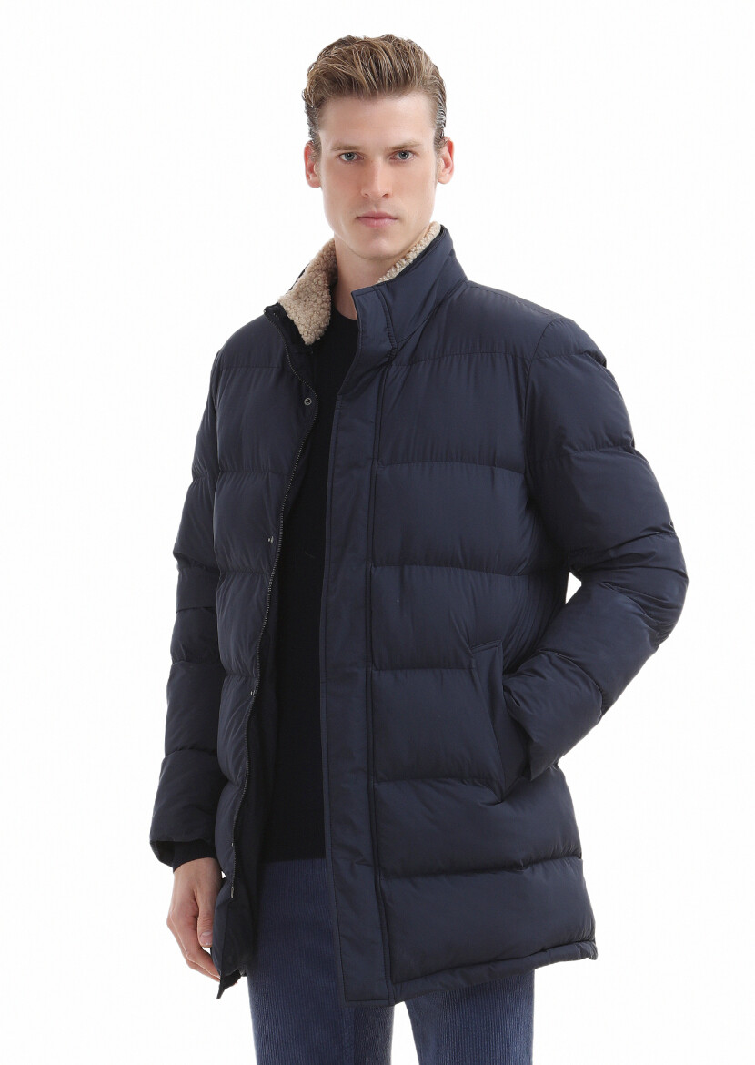 Navy Blue Regular Fit Shirt Collar Casual Weaving Coat - 1