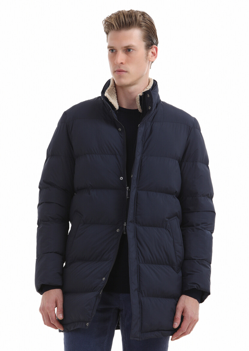 Navy Blue Regular Fit Shirt Collar Casual Weaving Coat - 3