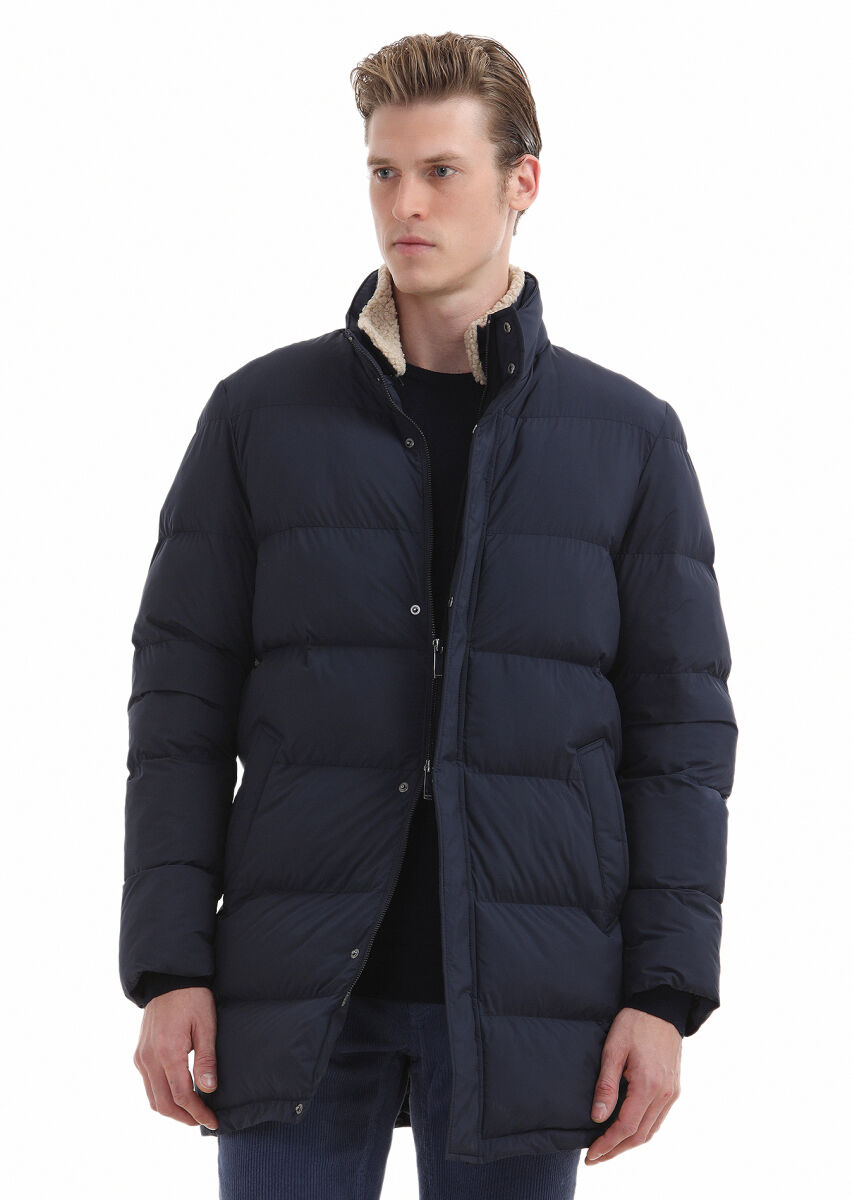 Navy Blue Regular Fit Shirt Collar Casual Weaving Coat - 3