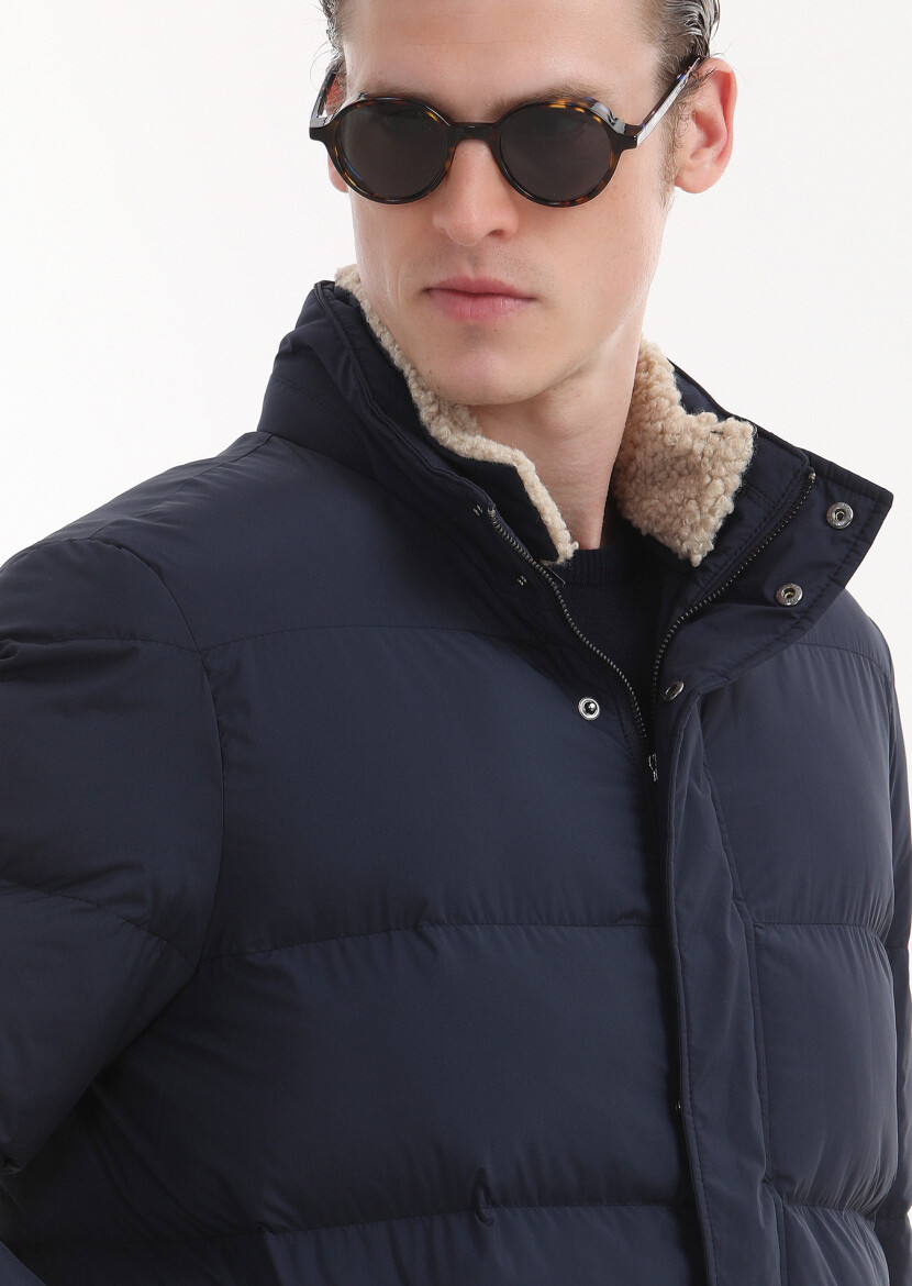 Navy Blue Regular Fit Shirt Collar Casual Weaving Coat - 4