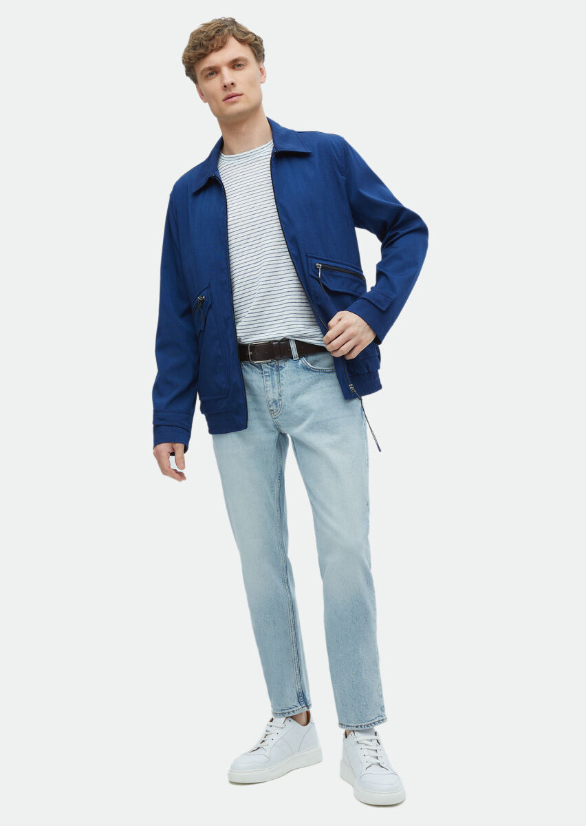 Navy Blue Regular Fit Shirt Collar Casual Weaving Coat - 2
