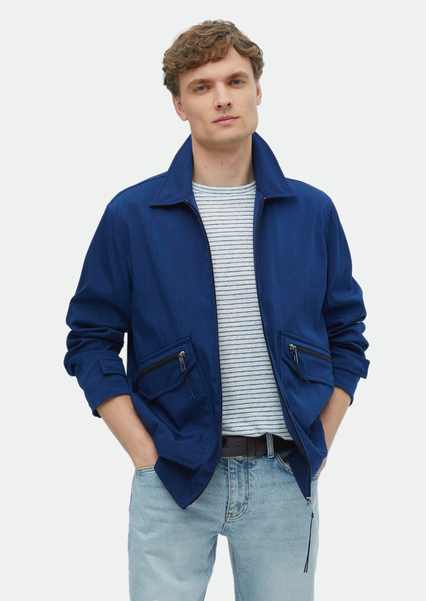 Navy Blue Regular Fit Shirt Collar Casual Weaving Coat - 3