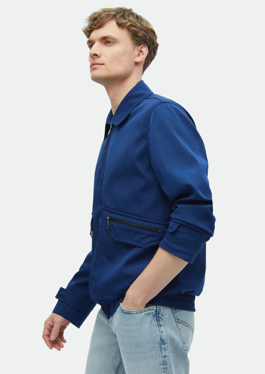 Navy Blue Regular Fit Shirt Collar Casual Weaving Coat - 4