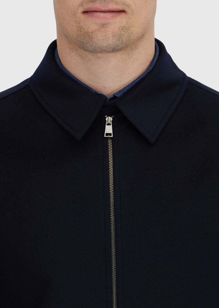 Navy Blue Regular Fit Shirt Collar Casual Weaving Coat - 5