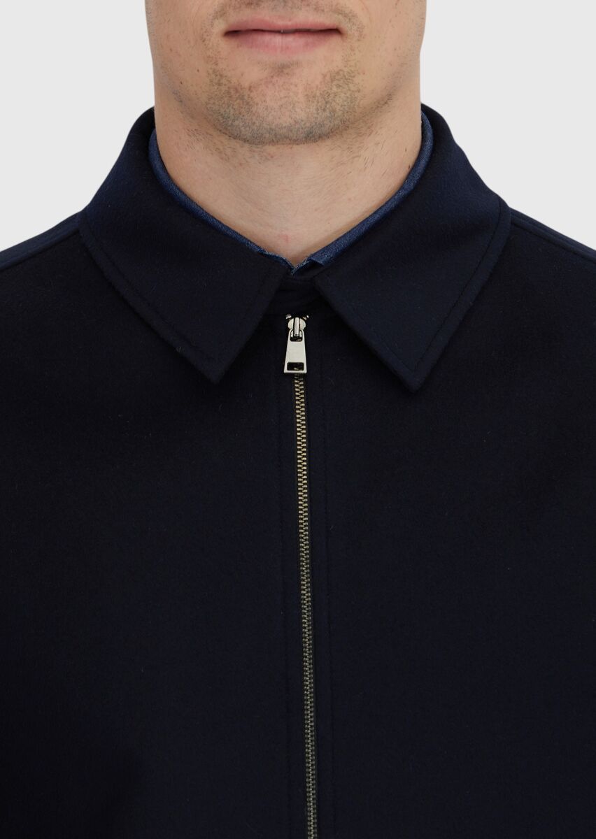 Navy Blue Regular Fit Shirt Collar Casual Weaving Coat - 5