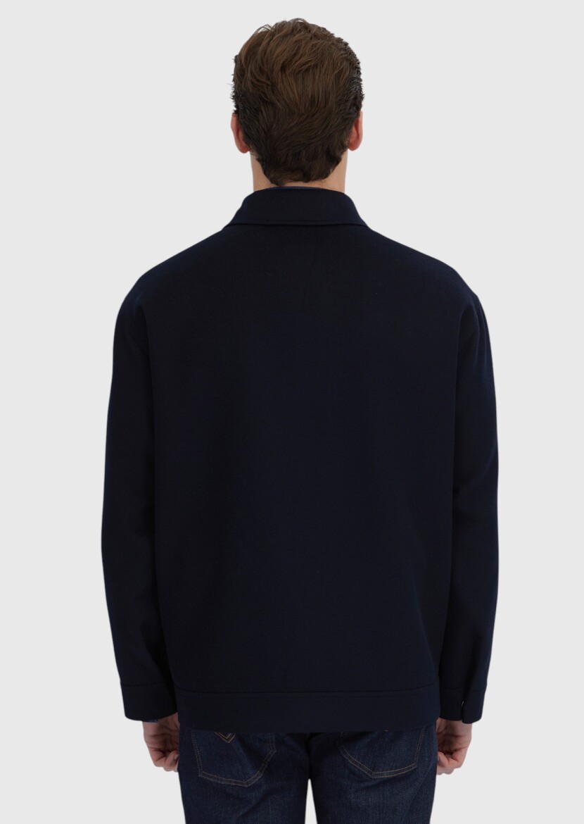 Navy Blue Regular Fit Shirt Collar Casual Weaving Coat - 6