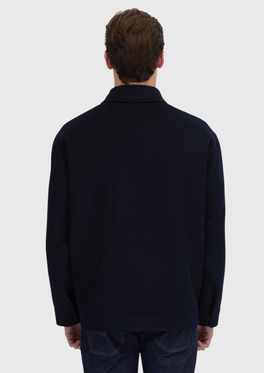 Navy Blue Regular Fit Shirt Collar Casual Weaving Coat - 6