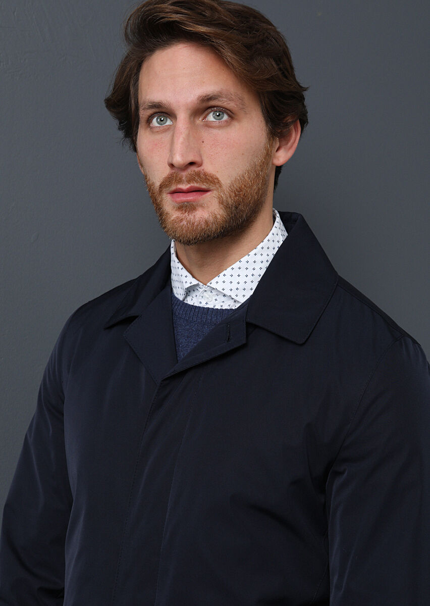 Navy Blue Regular Fit Shirt Collar Casual Weaving Rain Coat - 2