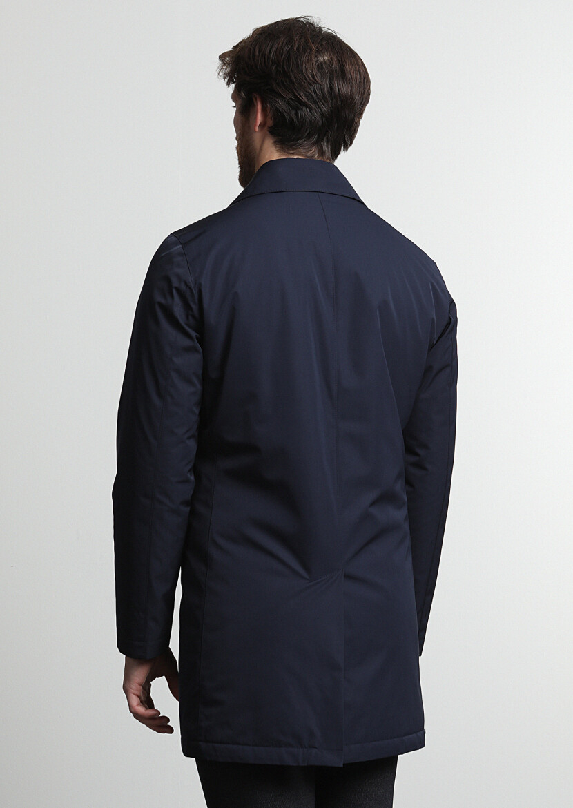 Navy Blue Regular Fit Shirt Collar Casual Weaving Rain Coat - 4