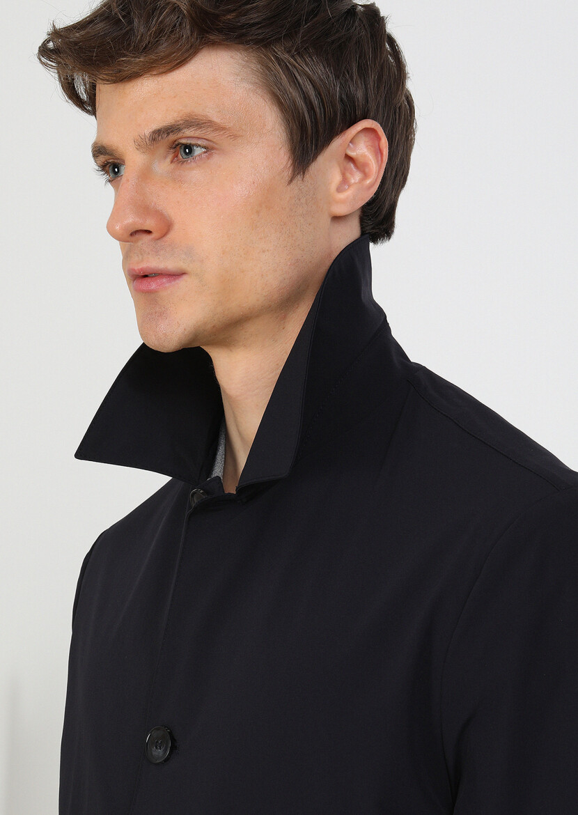 Navy Blue Regular Fit Shirt Collar Casual Weaving Rain Coat - 2