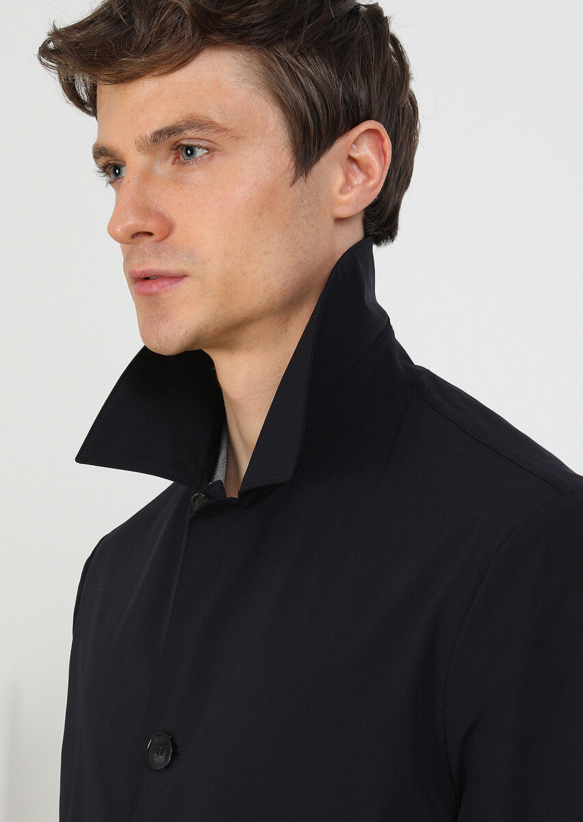 Navy Blue Regular Fit Shirt Collar Casual Weaving Rain Coat - 2
