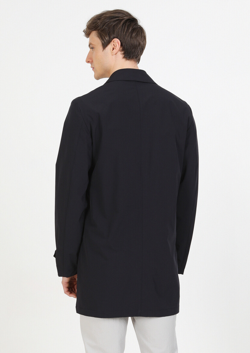 Navy Blue Regular Fit Shirt Collar Casual Weaving Rain Coat - 4