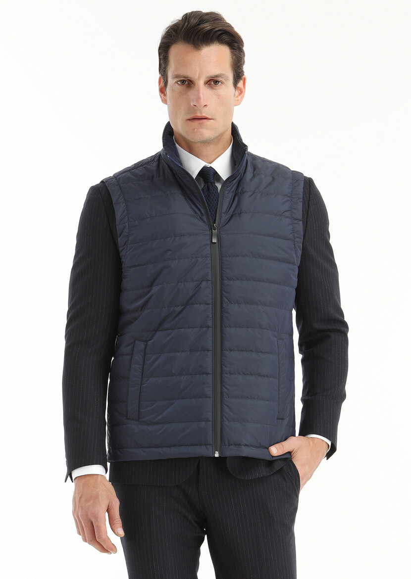 Navy Blue Regular Fit Shirt Collar Casual Weaving Rain Coat - 3
