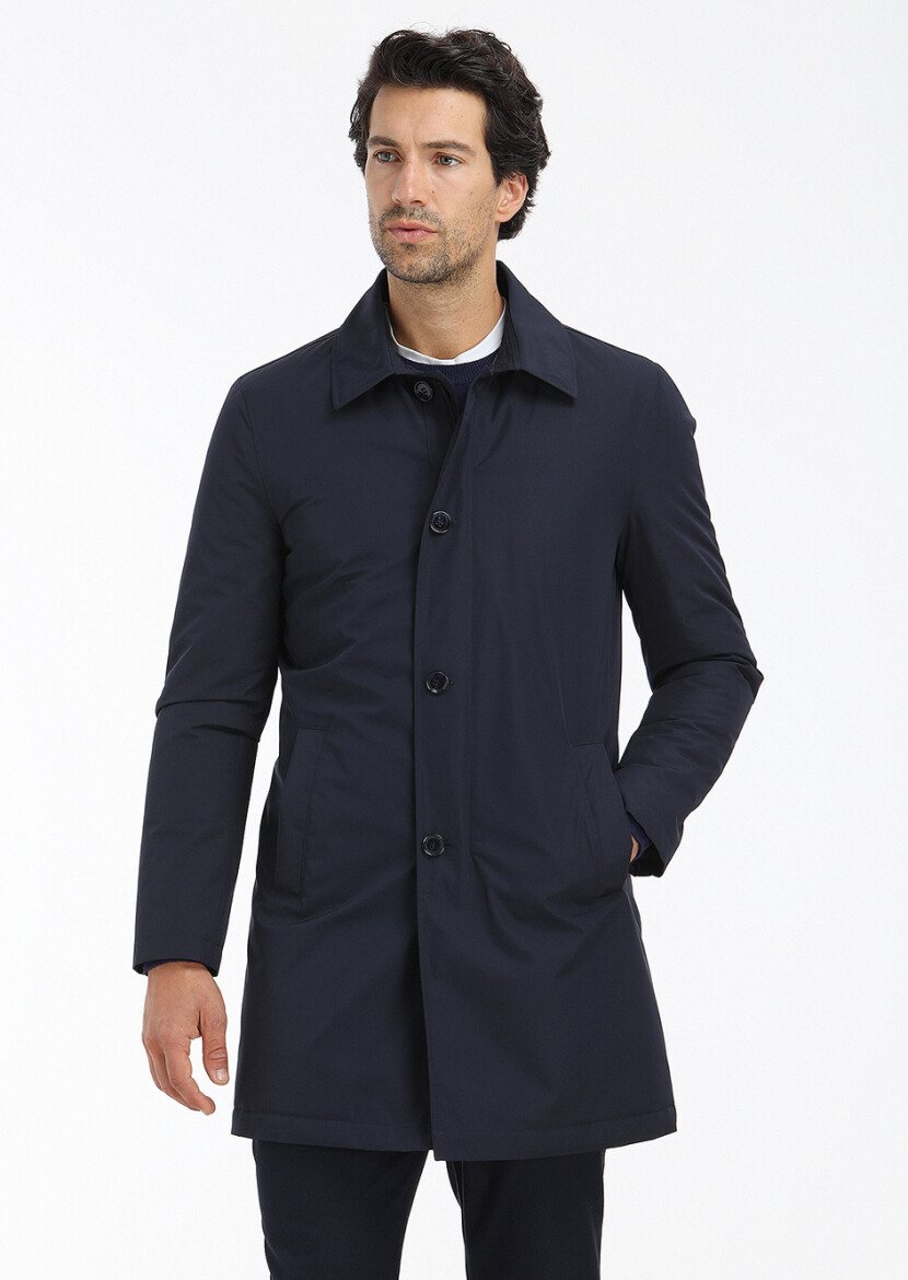 Navy Blue Regular Fit Shirt Collar Casual Weaving Rain Coat 