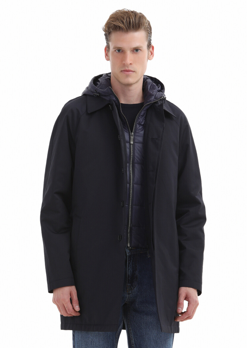Navy Blue Regular Fit Shirt Collar Casual Weaving Removable Hood Rain Coat - 1