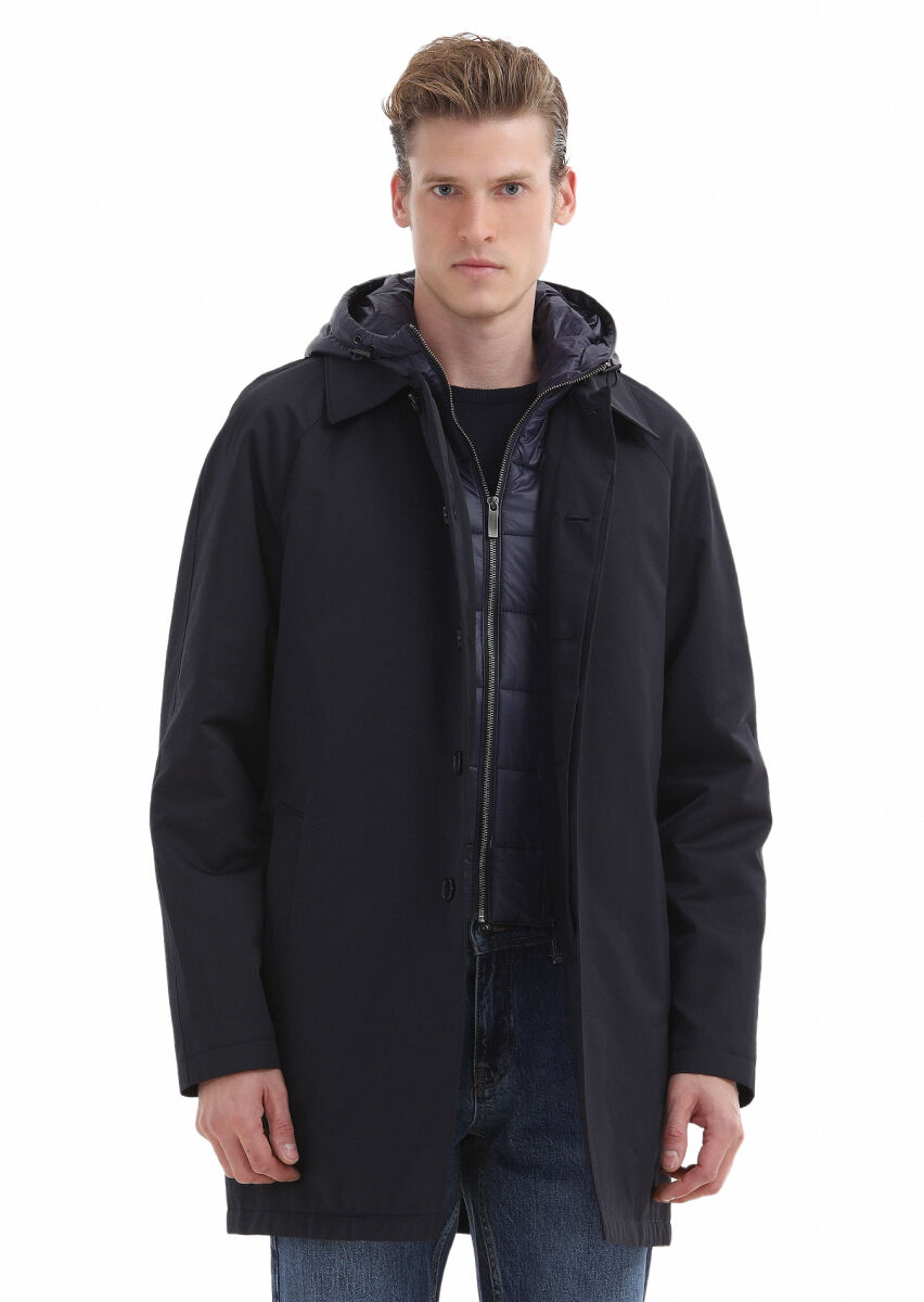 Navy Blue Regular Fit Shirt Collar Casual Weaving Removable Hood Rain Coat - 1