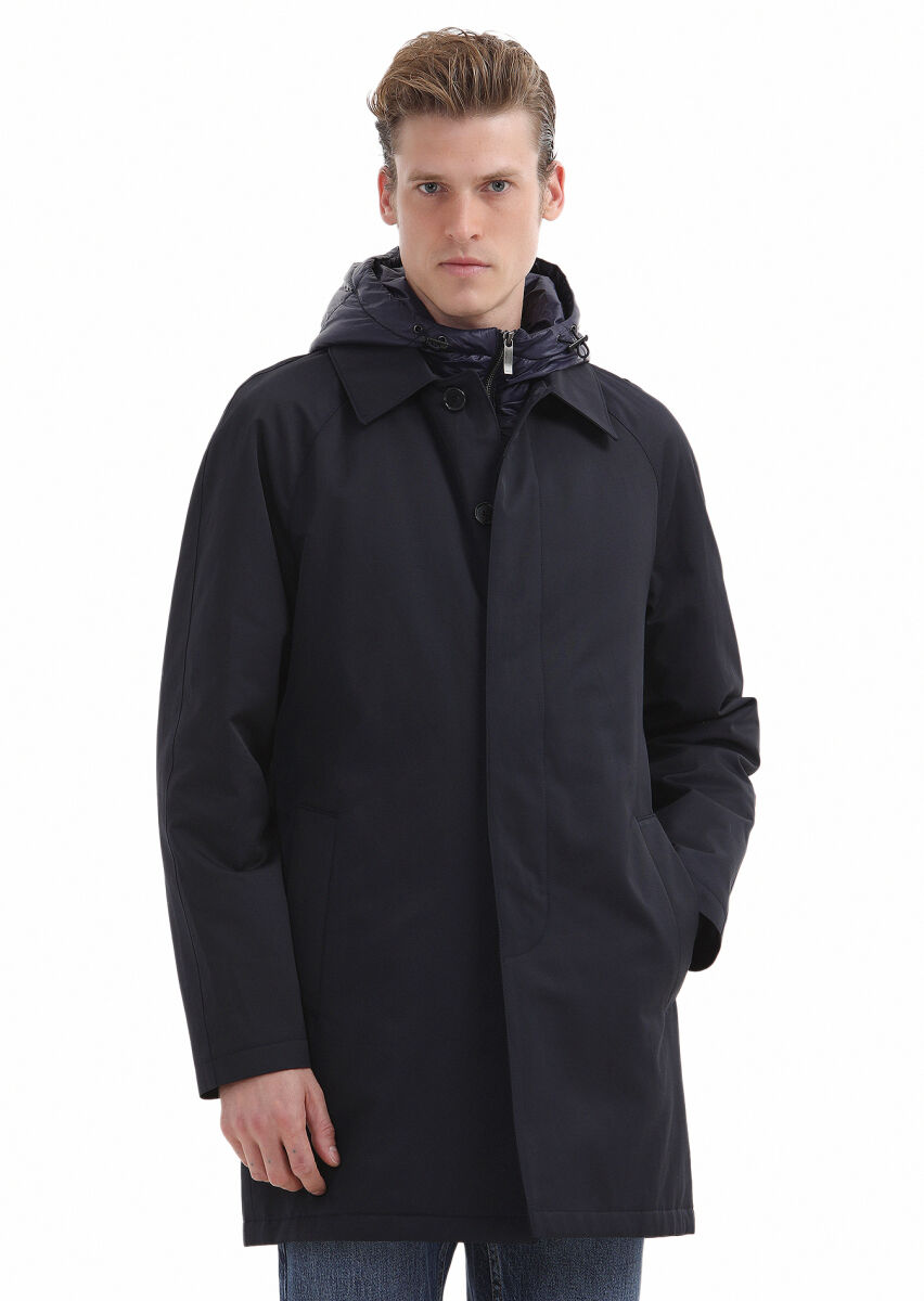 Navy Blue Regular Fit Shirt Collar Casual Weaving Removable Hood Rain Coat - 3
