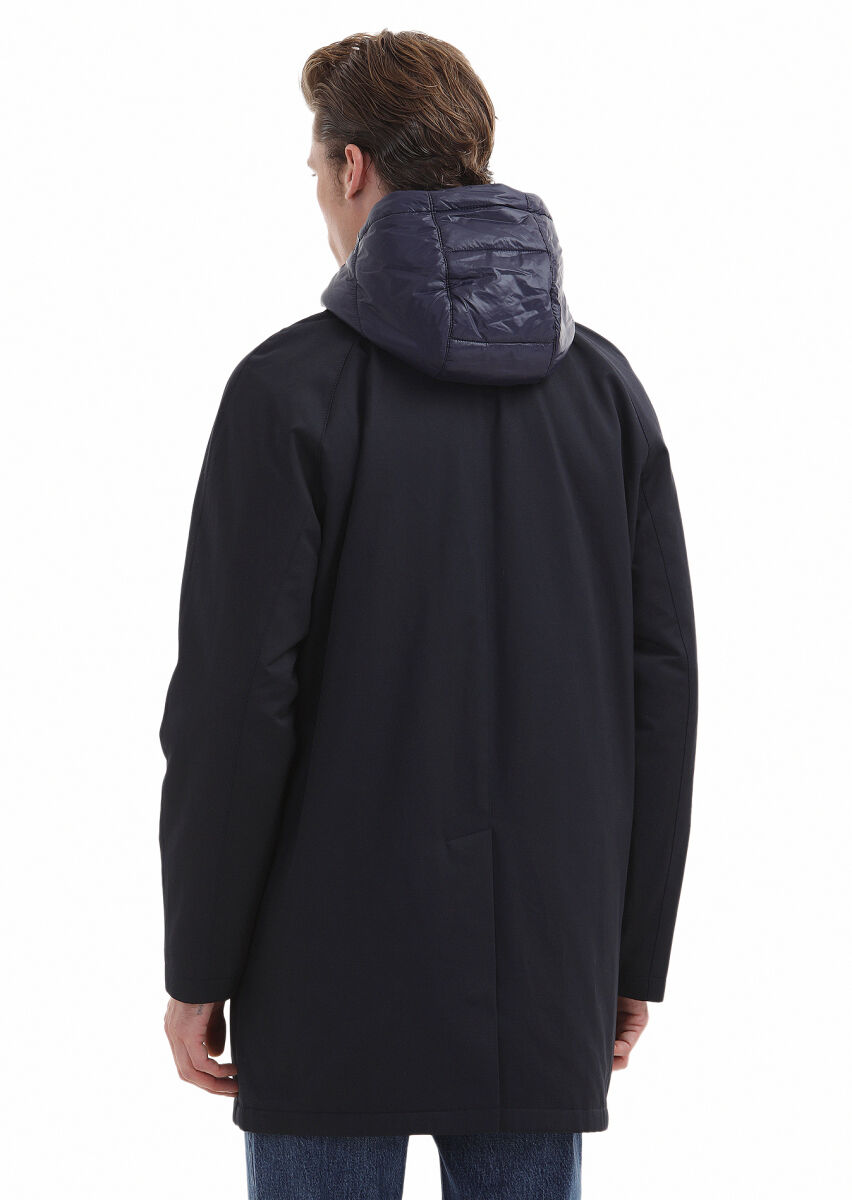 Navy Blue Regular Fit Shirt Collar Casual Weaving Removable Hood Rain Coat - 4
