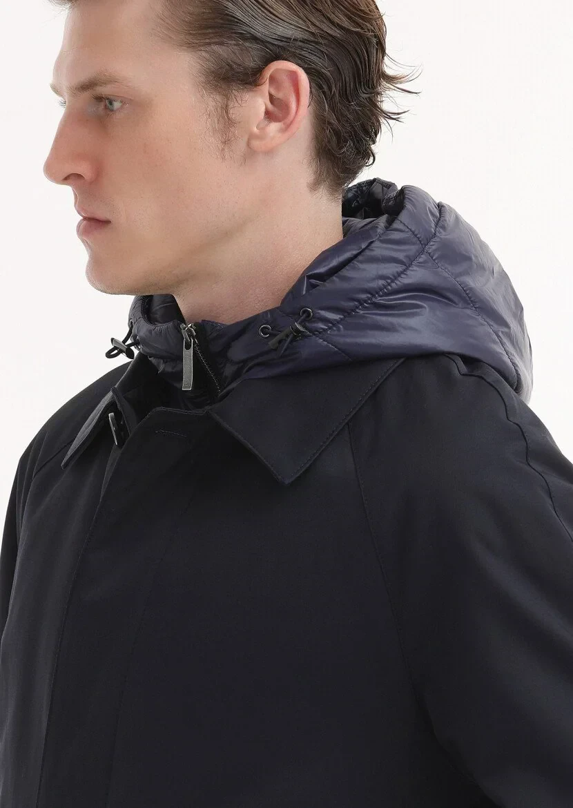 Navy Blue Regular Fit Shirt Collar Casual Weaving Removable Hood Rain Coat - 4