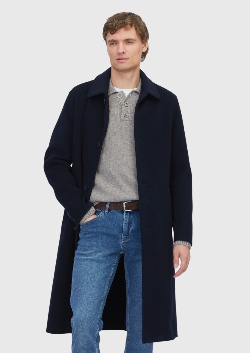 Navy Blue Regular Fit Shirt Collar Classical Weaving Overcoat - RAMSEY