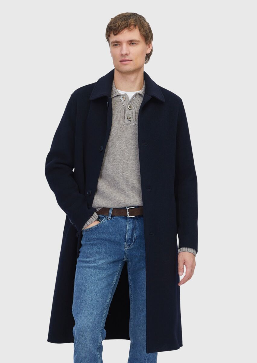 Navy Blue Regular Fit Shirt Collar Classical Weaving Overcoat - 1