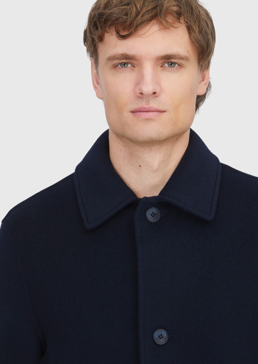 Navy Blue Regular Fit Shirt Collar Classical Weaving Overcoat - 4