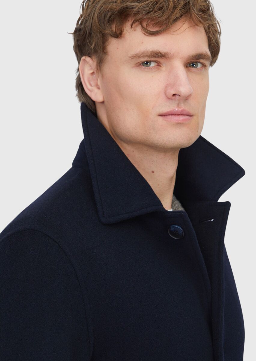 Navy Blue Regular Fit Shirt Collar Classical Weaving Overcoat - 5