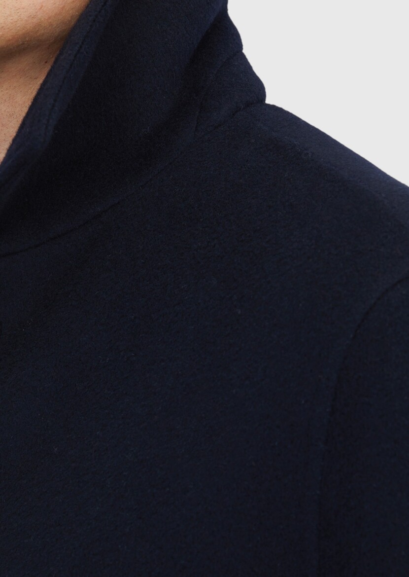 Navy Blue Regular Fit Shirt Collar Classical Weaving Overcoat - 6