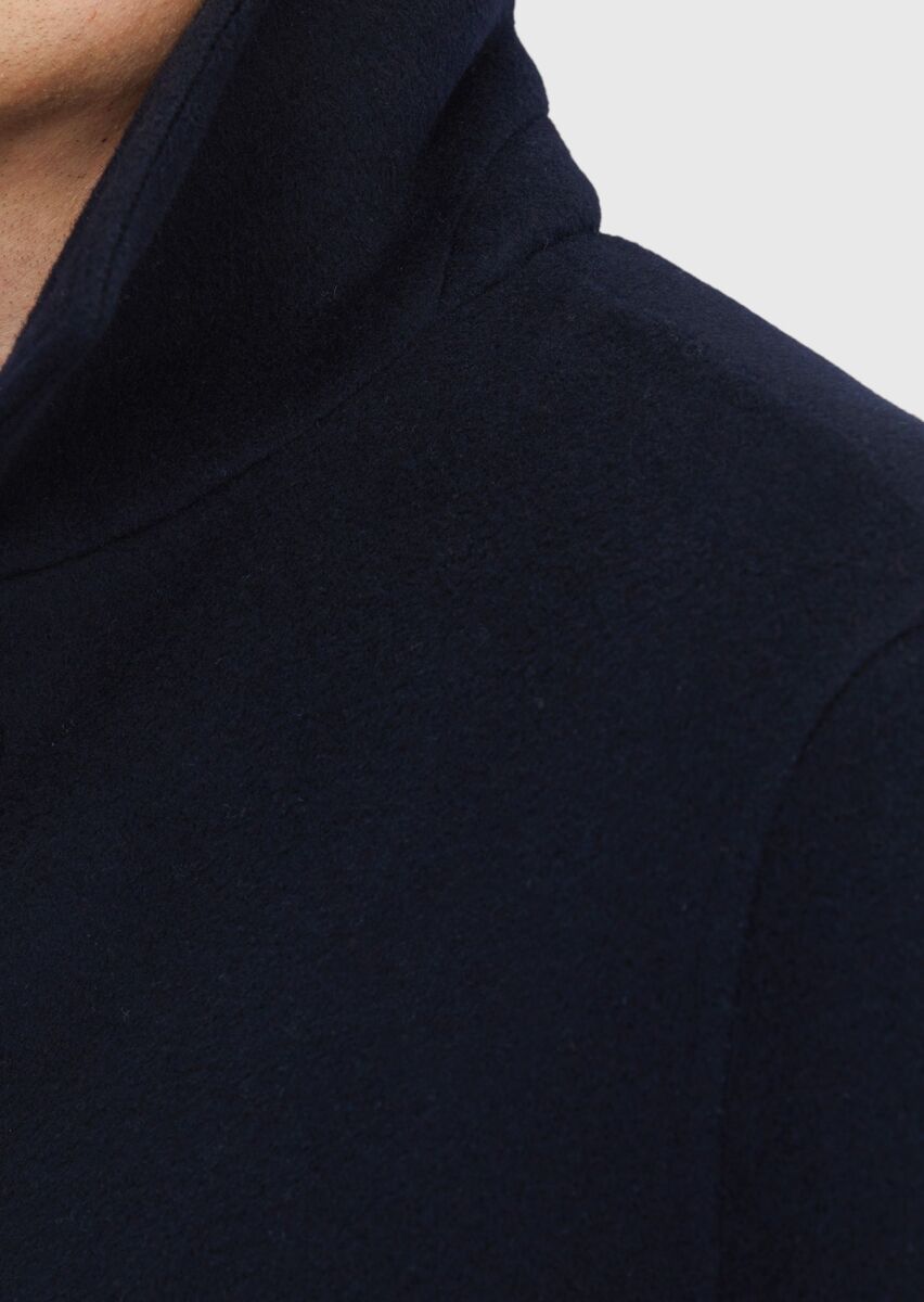 Navy Blue Regular Fit Shirt Collar Classical Weaving Overcoat - 6