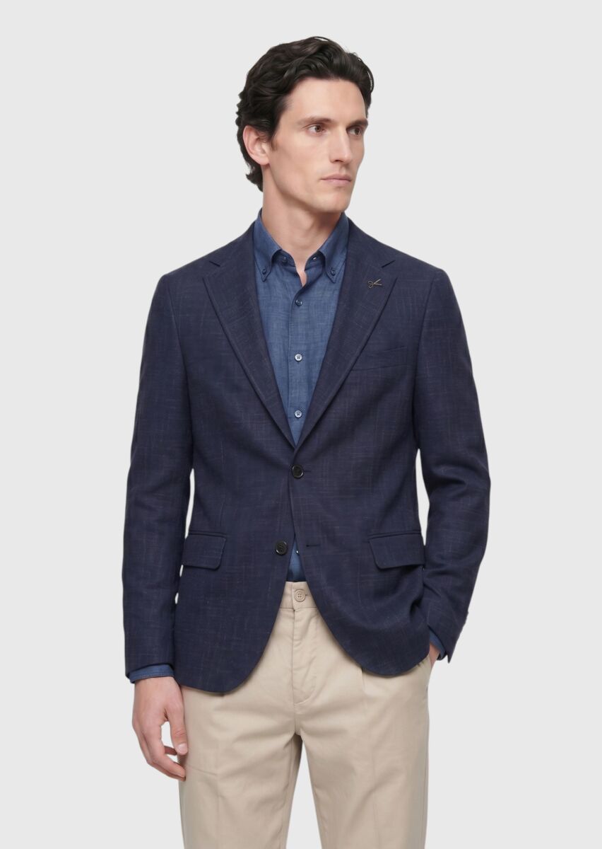 Navy Blue Regular Fit Silk Blended Jacket - 2