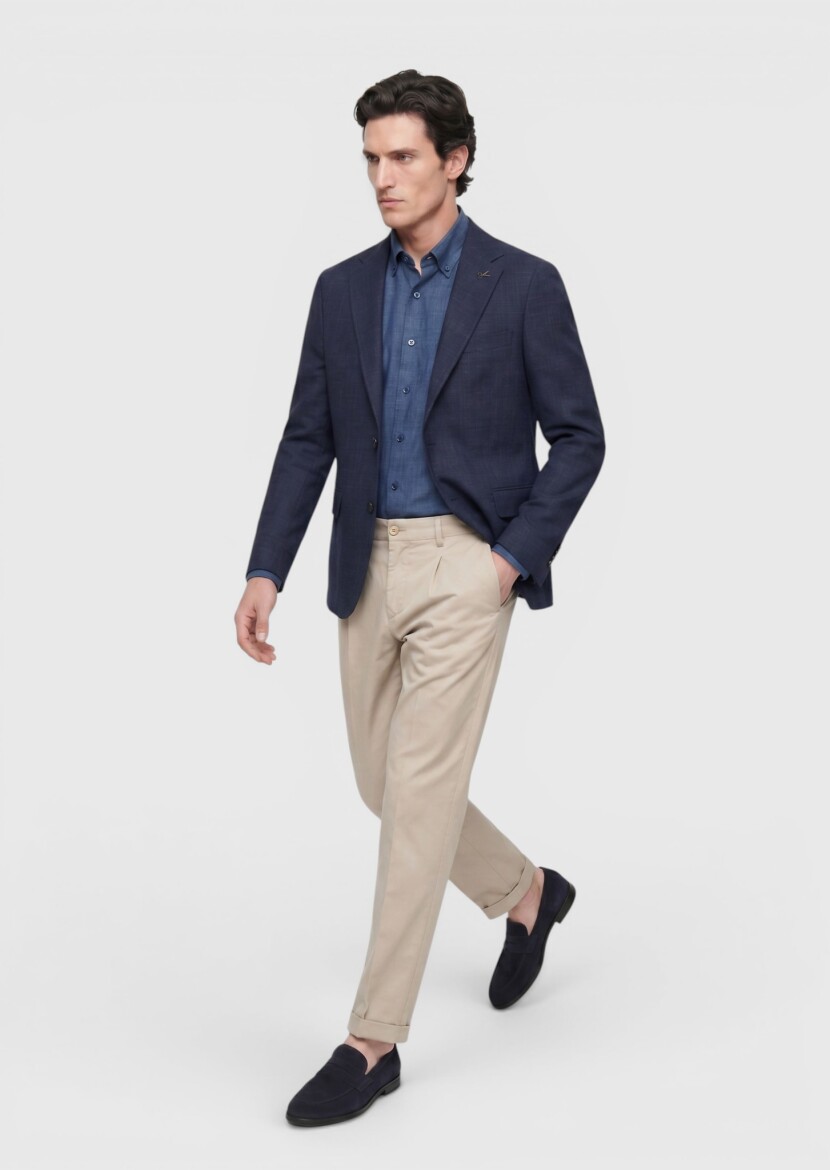 Navy Blue Regular Fit Silk Blended Jacket - 3