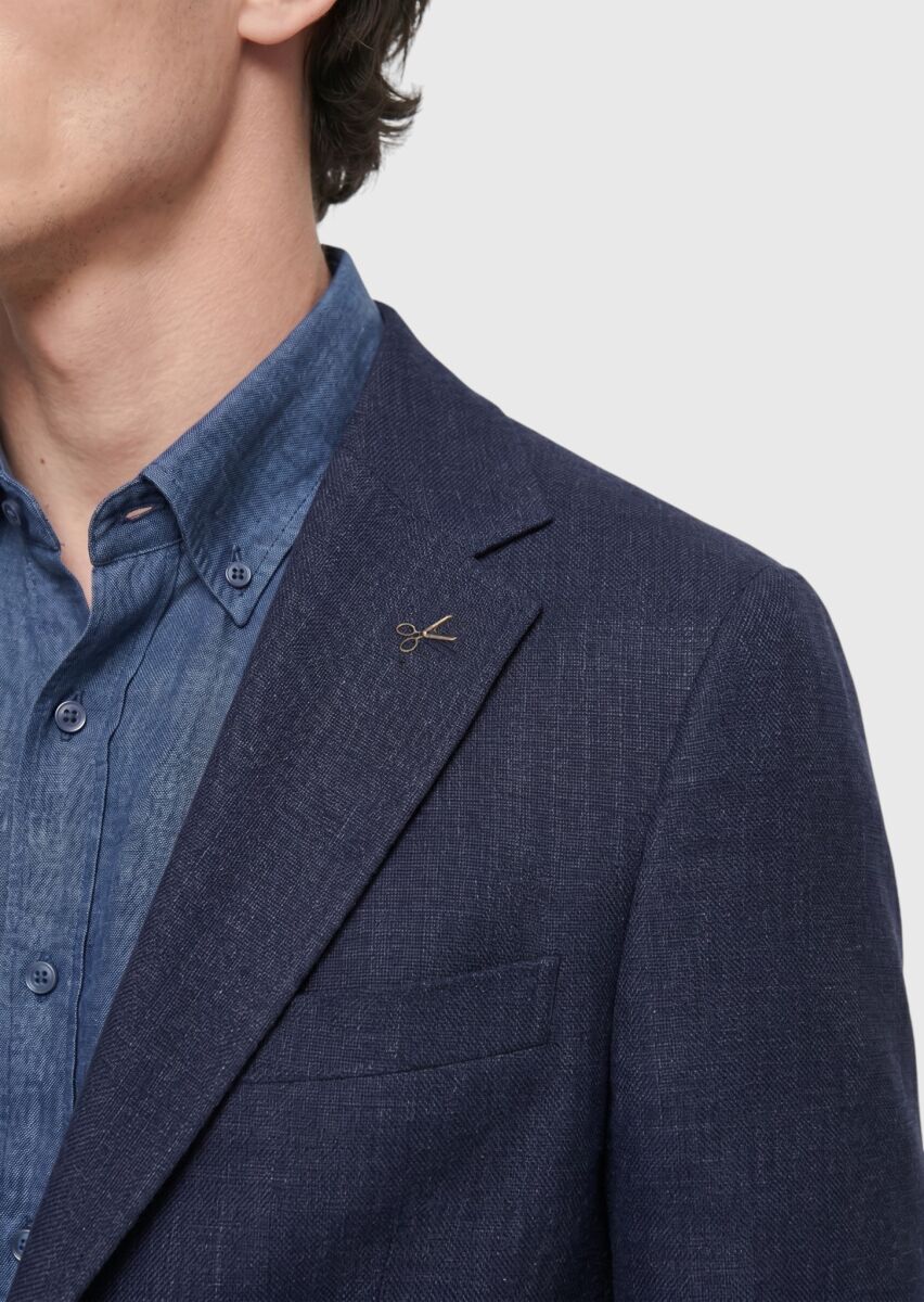 Navy Blue Regular Fit Silk Blended Jacket - 4