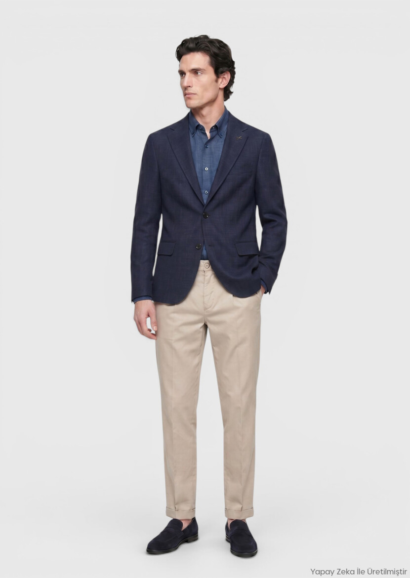 Navy Blue Regular Fit Silk Blended Jacket - RAMSEY