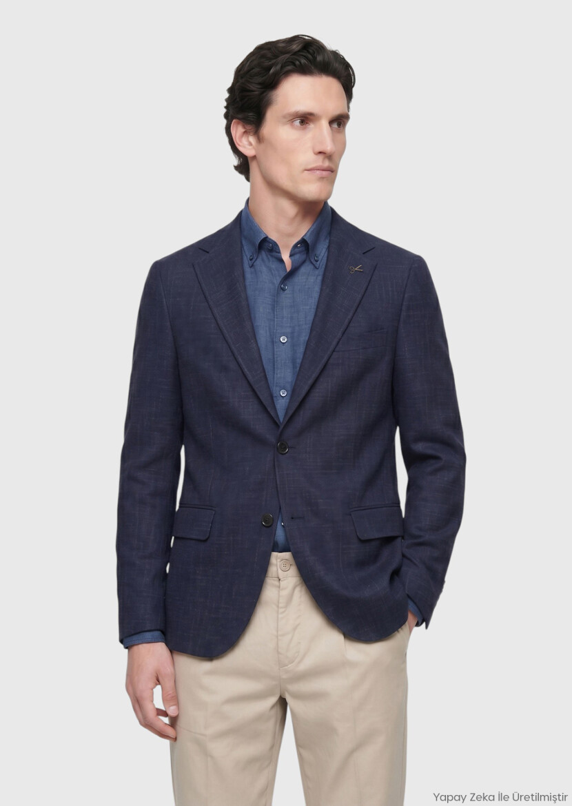 Navy Blue Regular Fit Silk Blended Jacket - RAMSEY