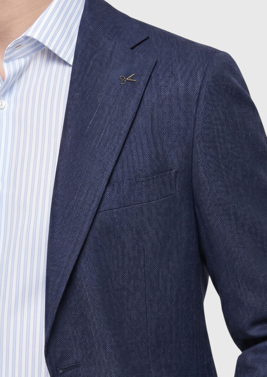 Navy Blue Regular Fit Silk Blended Jacket - 4