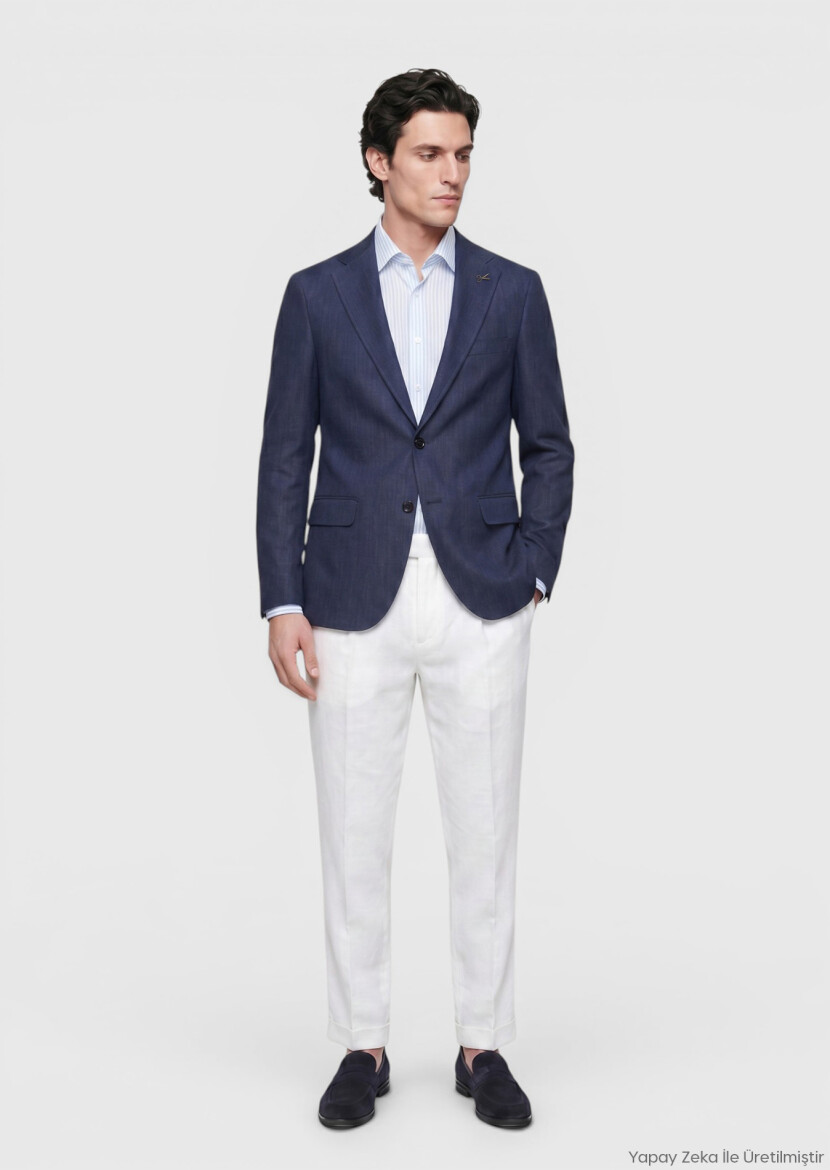 Navy Blue Regular Fit Silk Blended Jacket - RAMSEY