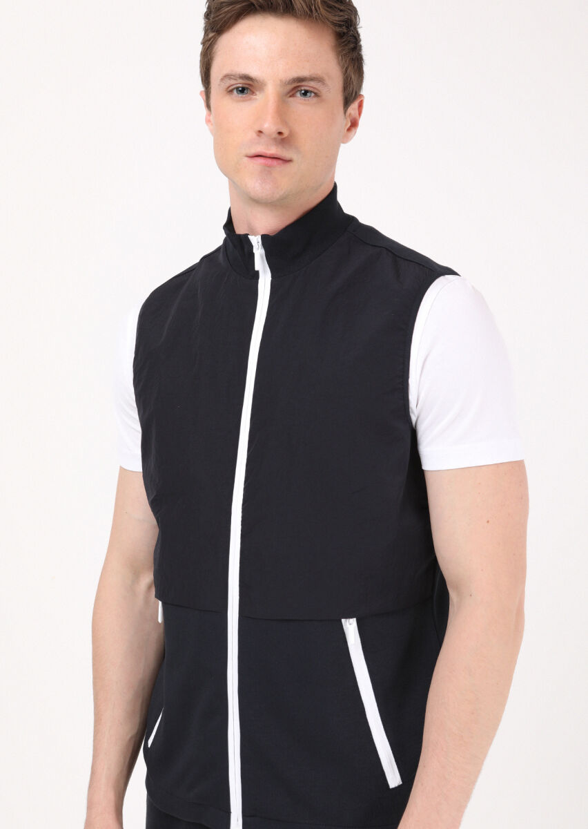 Navy Blue Regular Fit Turtleneck Casual Knitting Puffer Vest - 4