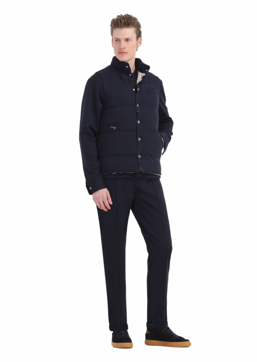 Navy Blue Regular Fit Turtleneck Casual Knitting Puffer Vest - 3