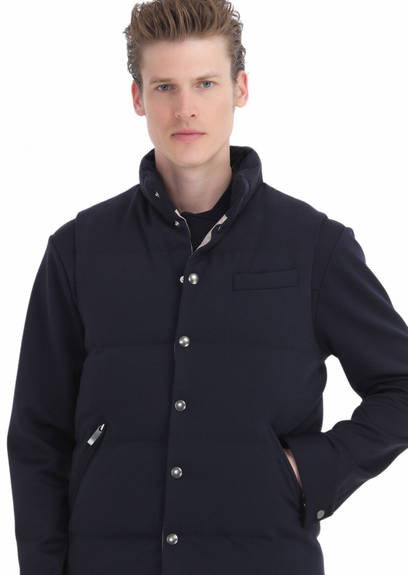 Navy Blue Regular Fit Turtleneck Casual Knitting Puffer Vest - 4