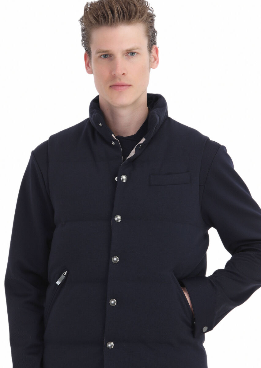 Navy Blue Regular Fit Turtleneck Casual Knitting Puffer Vest - 4