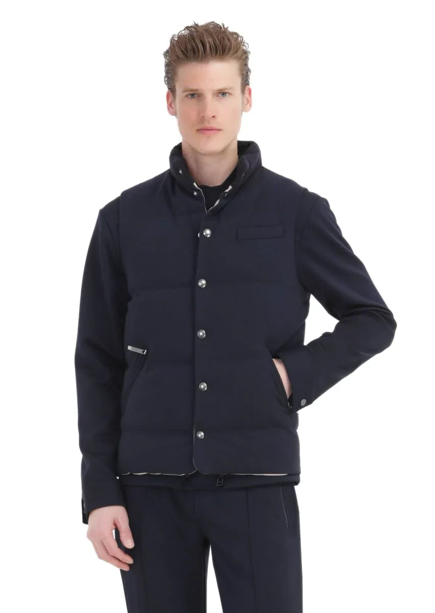 Navy Blue Regular Fit Turtleneck Casual Knitting Puffer Vest - 1