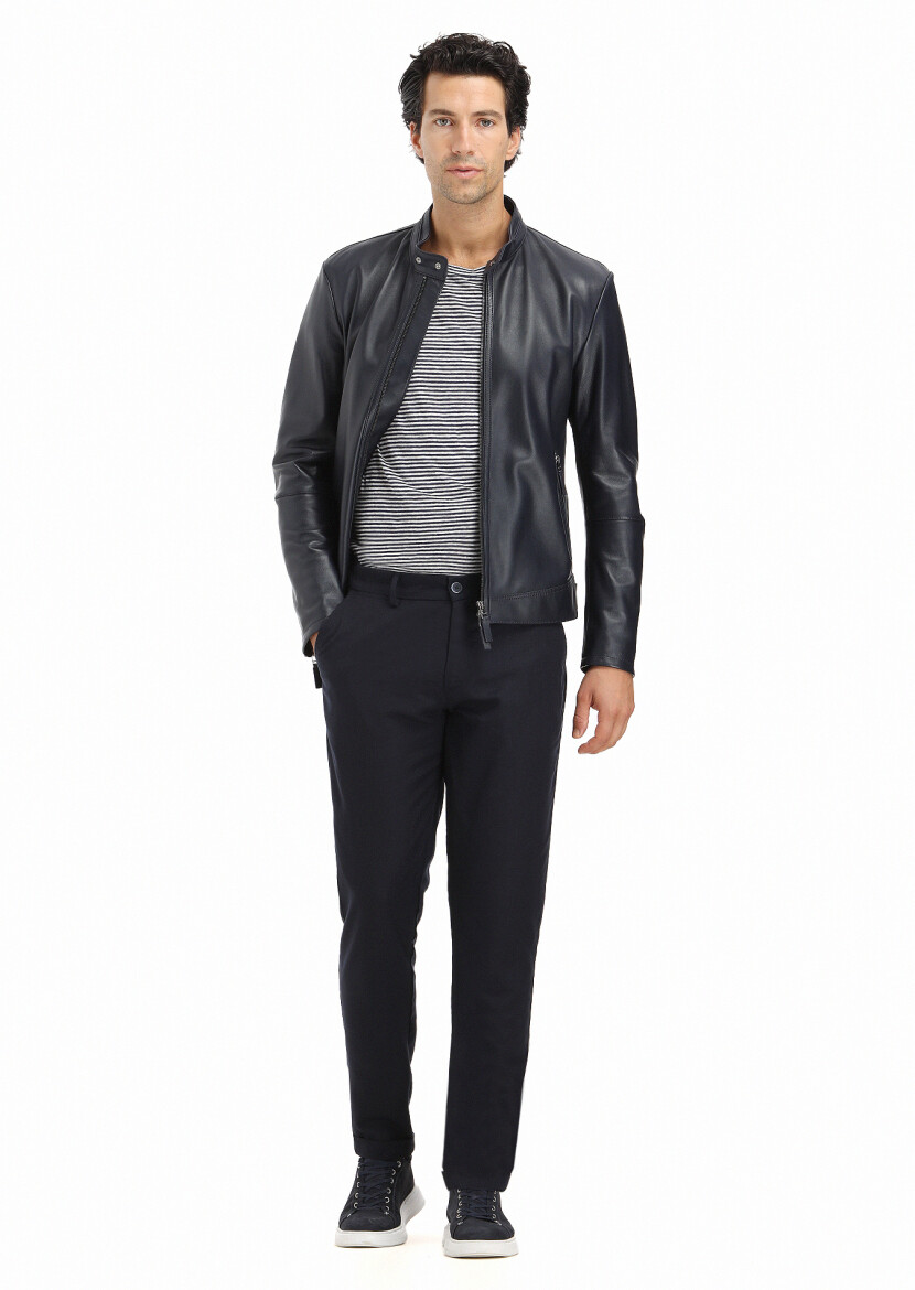 Navy Blue Regular Fit Turtleneck Casual Leather Leather Coat - 1