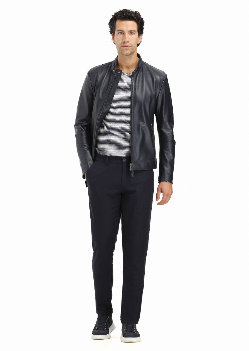 Navy Blue Regular Fit Turtleneck Casual Leather Leather Coat - 1