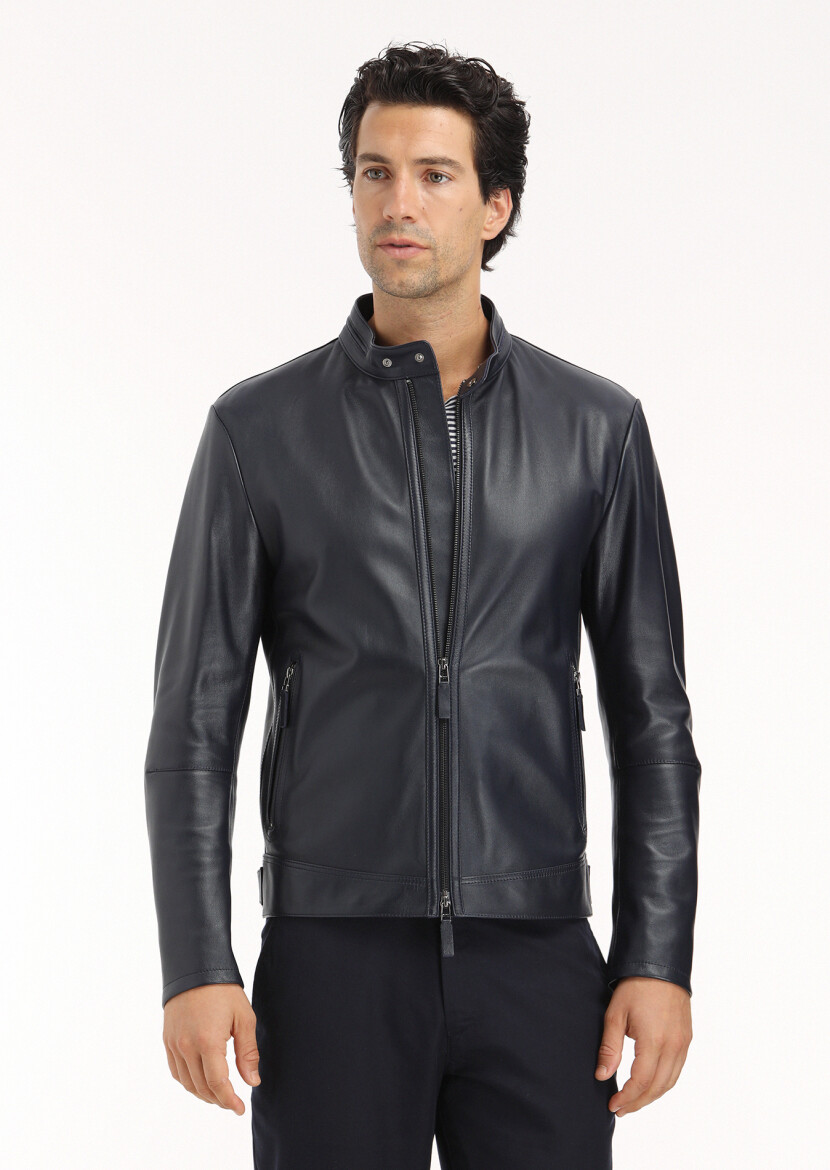 Navy Blue Regular Fit Turtleneck Casual Leather Leather Coat - 2