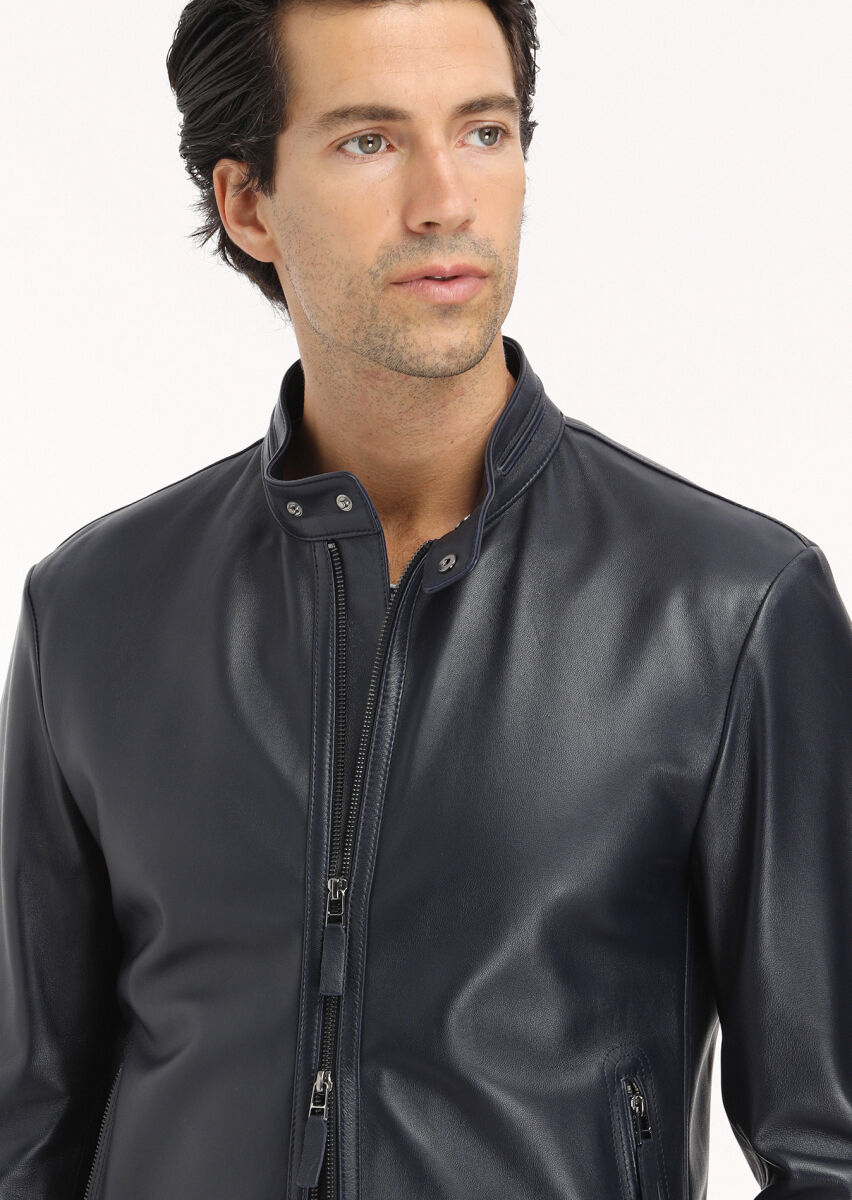 Navy Blue Regular Fit Turtleneck Casual Leather Leather Coat - 3