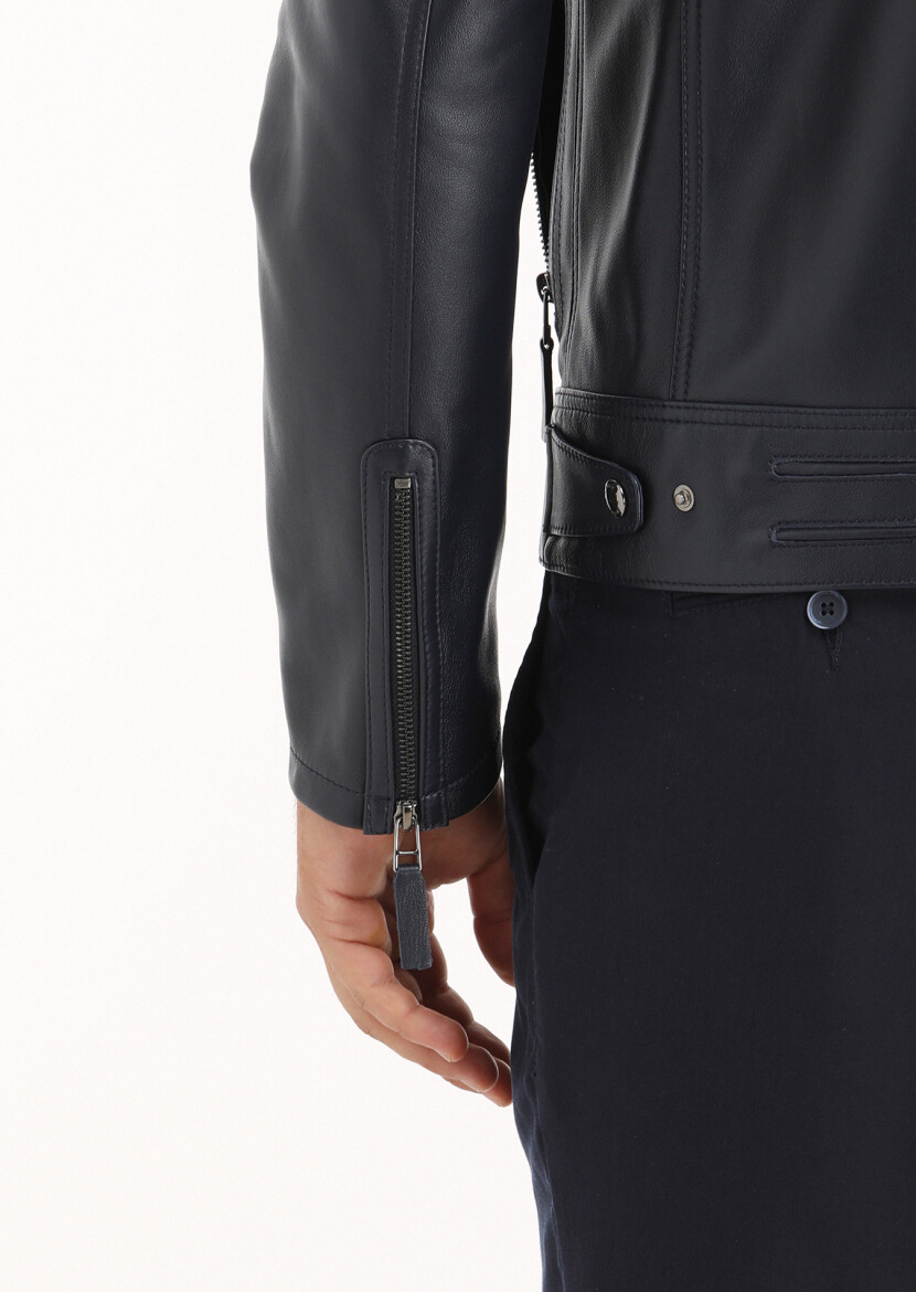 Navy Blue Regular Fit Turtleneck Casual Leather Leather Coat - 5